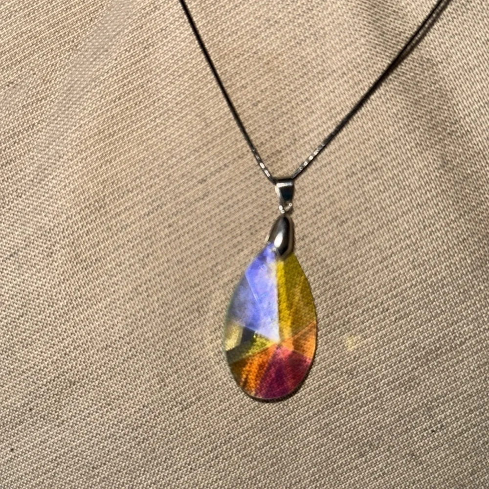 Elegant Multicolored Prism Crystal Teardrop Pendant 20” Necklace with black cord
